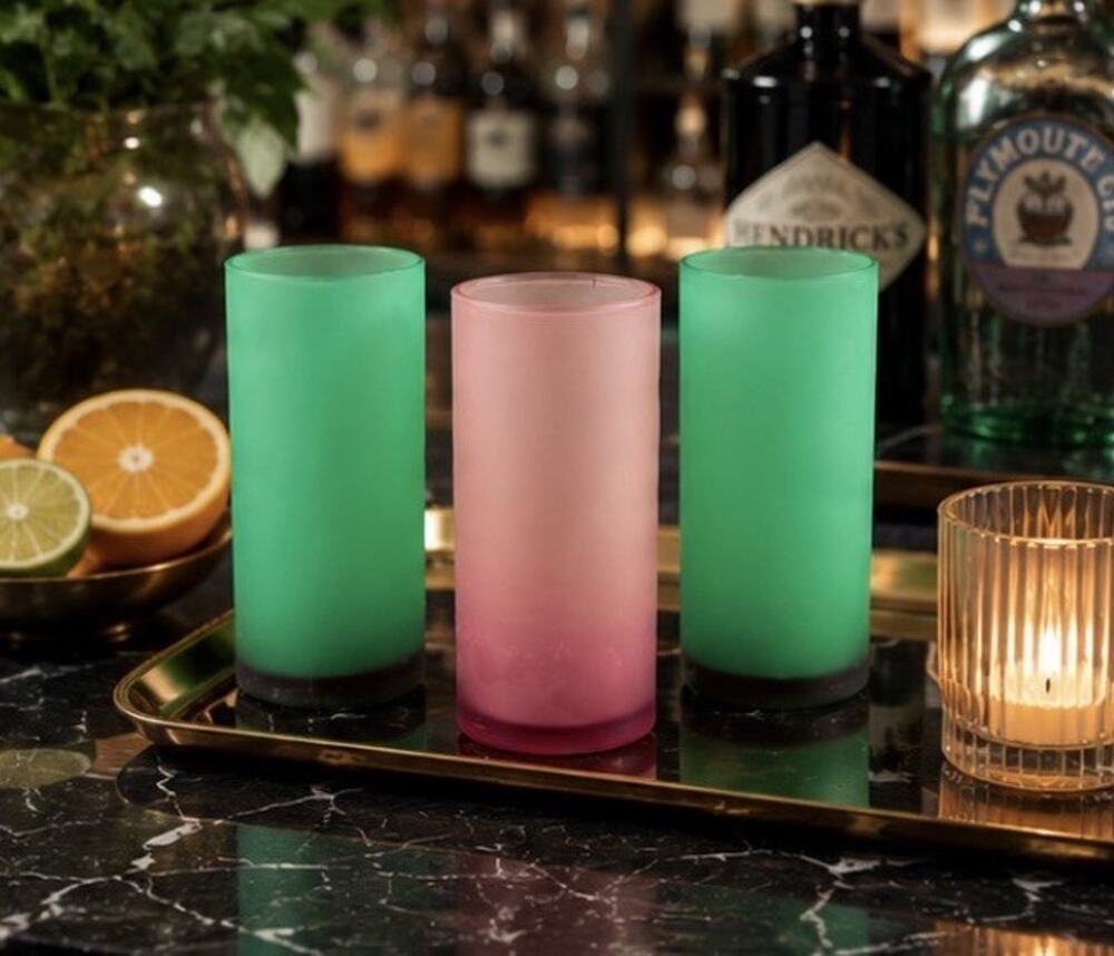VTG Norex Frosted Satin Glass Glasses Cocktail Set 3 Green Purple 5” Barware
